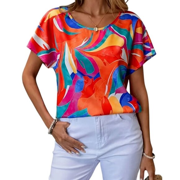Unbranded Tops - NWT Vibrant Swirls of Bright Colors Short Sleeve Blouse Sizes M, L, XL